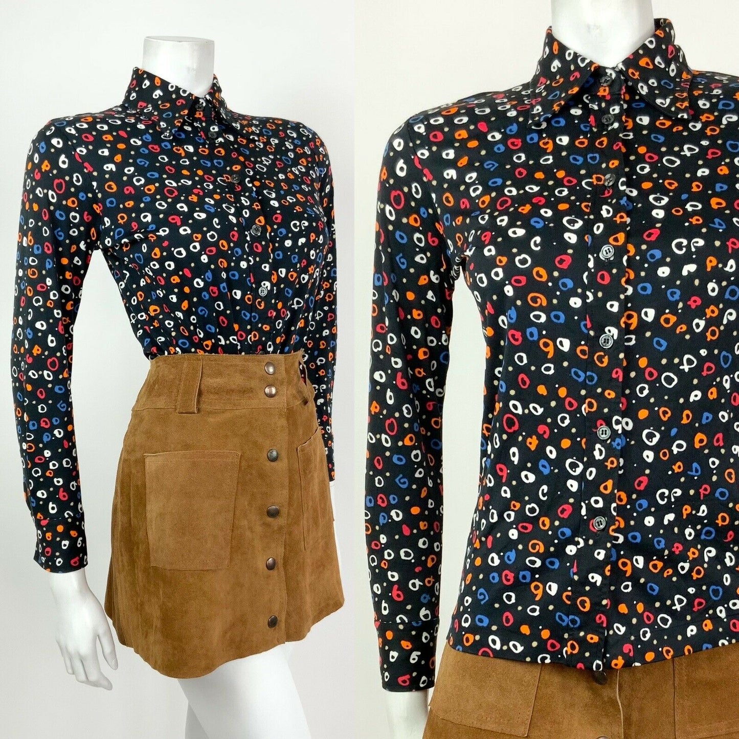 VINTAGE 60s 70s BLACK WHITE ORANGE RED BLUE GEOMETRIC DAGGER COLLAR SHIRT 8 10