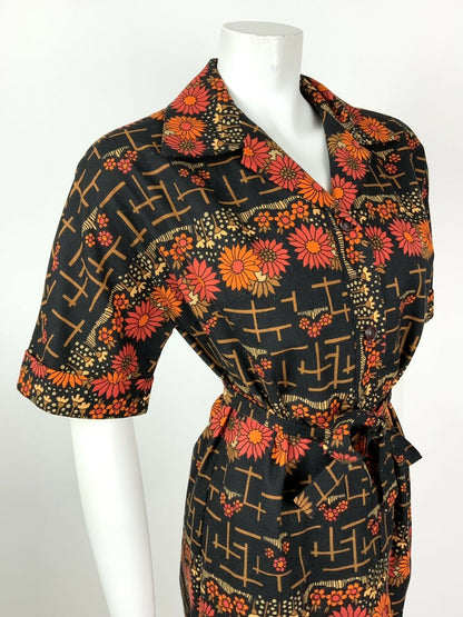 VINTAGE 60s 70s BLACK ORANGE RED BEIGE FLORAL DAISY BELTED SHIRT DRESS 12 14