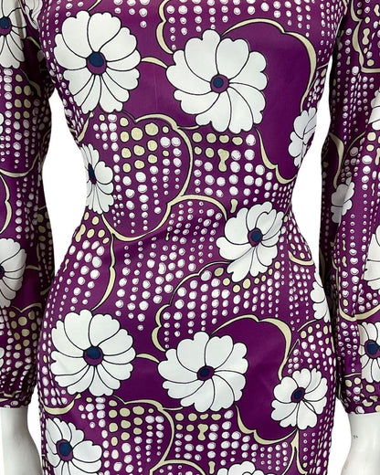 VINTAGE 60S 70S PURPLE WHITE FLORAL PRINT BOHO MOD MINI DRESS 10