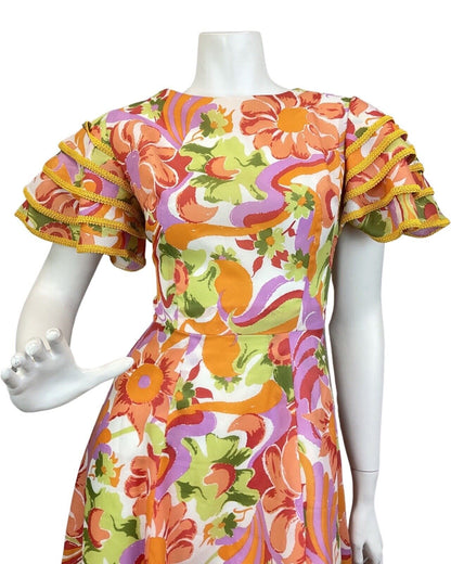 VINTAGE 60s 70s ORANGE GREEN LILAC PSYCHEDELIC FLORAL SUMMER MAXI DRESS 8 10