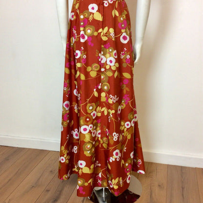 VINTAGE 1970S RUST SATEEN ABSTRACT FLORAL PRINT MAXI DRESS 10 12