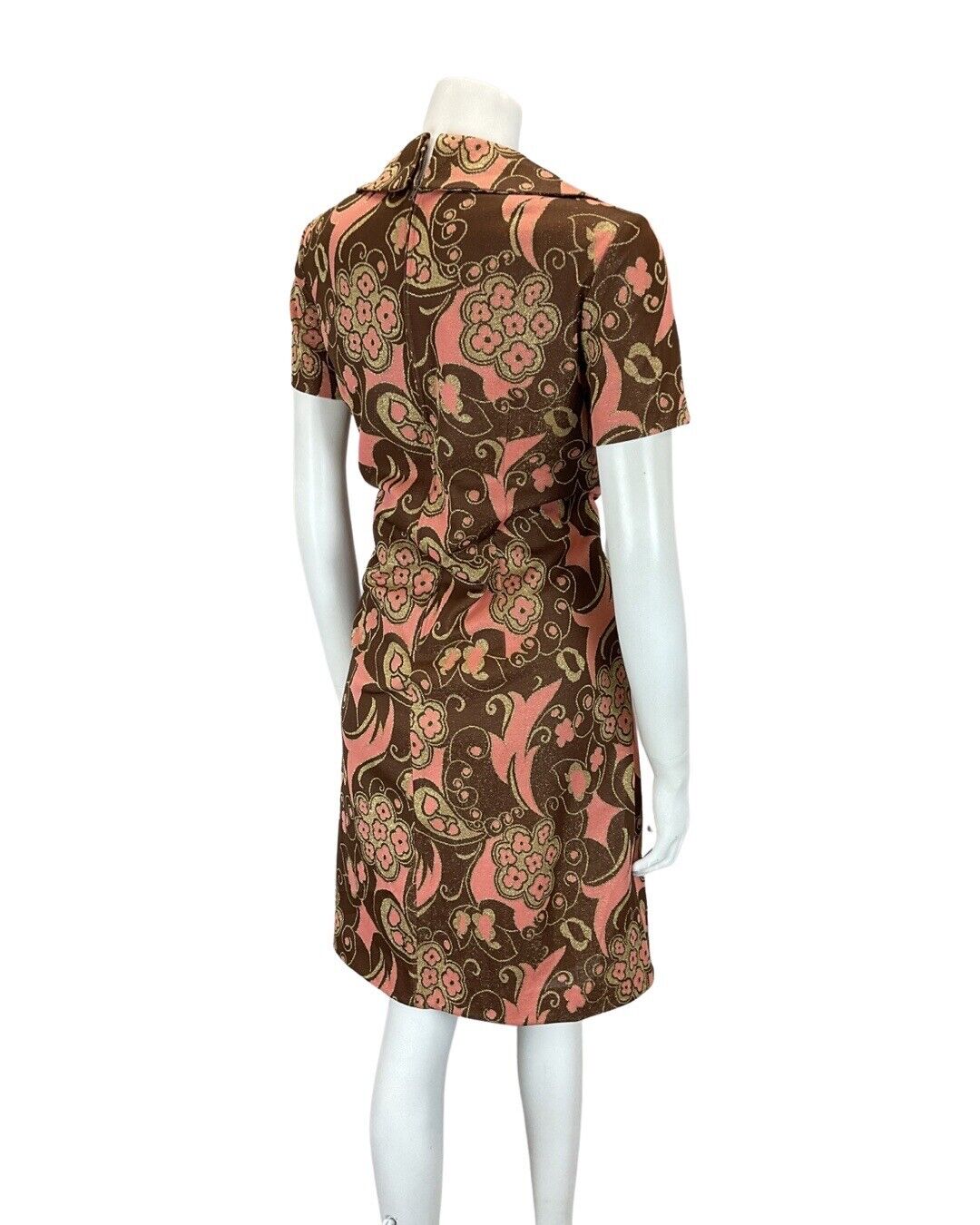 VTG 60s 70s BROWN PINK GOLD PSYCHEDELIC FLORAL MOD WING COLLAR SHIRT DRESS 12 14