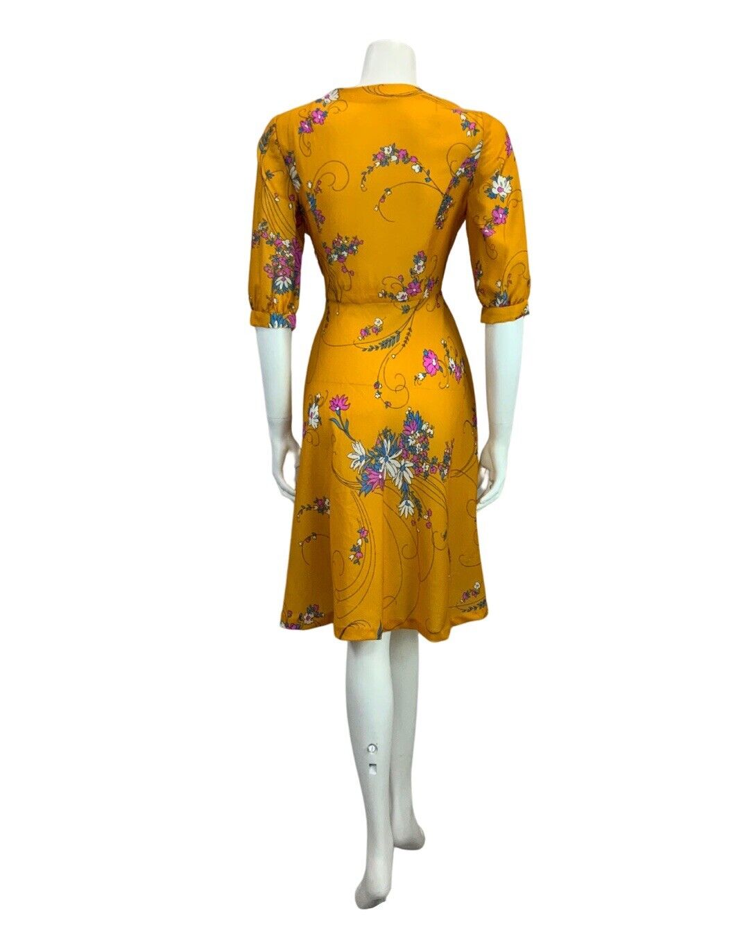 VINTAGE 60s 70s ORANGE MUSTARD YELLOW PINK BLUE FLORAL PRINT MIDI DRESS 10 12