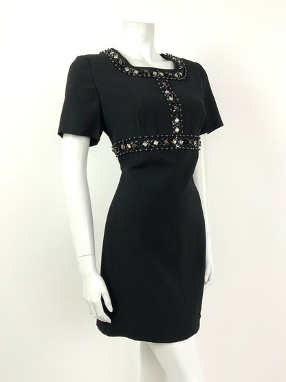 VINTAGE 60s BLACK SILVER BEADED DIAMANTE PARTY GLAM SHIFT DRESS 10 12