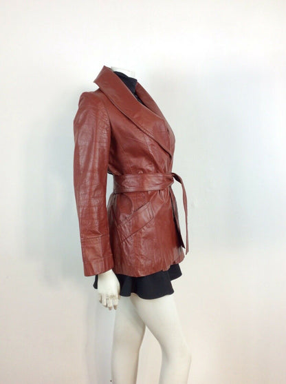 CLASSIC TRUE VINTAGE 60s 70s  BROWN BURGUNDY WINE LEATHER WRAP JACKET 8 10 12