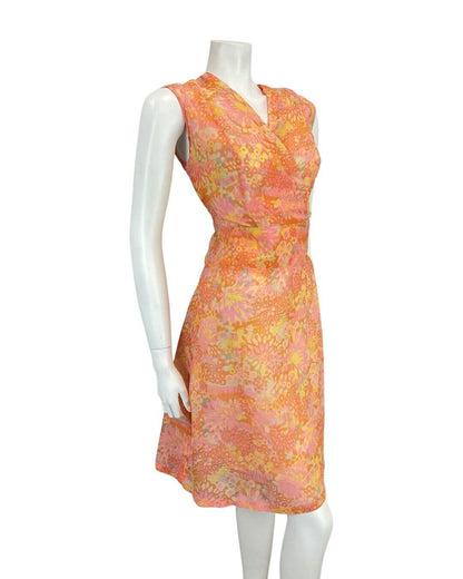 VTG 60s 70s ORANGE PINK YELLOW PSYCHEDELIC FLORAL SLEEVELESS DRESS BED COAT 12