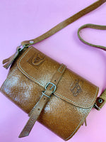 VINTAGE 60S 70S TAN STAMPED LEATHER MINI SATCHEL BAG WESTERN