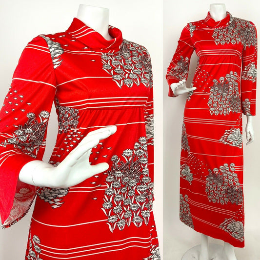 VTG 60s 70s RED WHITE FLORAL BIRD TURTLENECK BELL SLEEVE FOLK MAXI DRESS 6