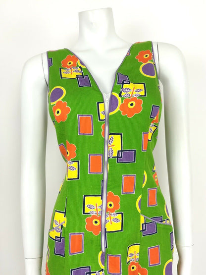 VINTAGE 60s 70s GREEN PURPLE YELLOW ORANGE FLORAL GEOMETRIC SUMMER DRESS 12