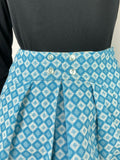 VTG 60s 70s BABY BLUE WHITE DIAMOND CHECKERBOARD GEOMETRIC PLEATED MOD SKIRT 8