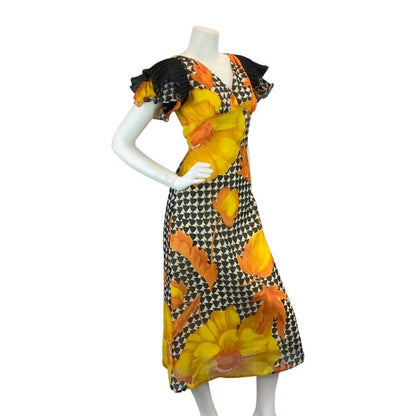 VINTAGE 60s 70s YELLOW BLACK WHITE PSYCH MOD FLORAL PLEATED SLEEVE MAXI DRESS 8