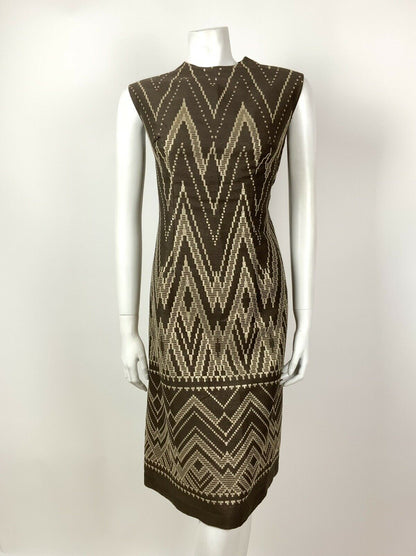 VINTAGE 60s 70s BROWN GOLD CREAM ZIG ZAG AZTEC SLEEVELESS DRESS 12 14