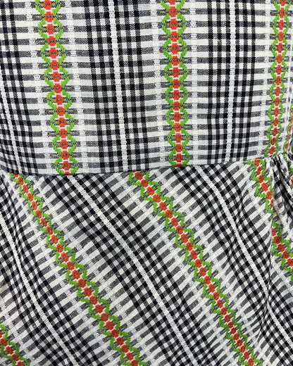 VINTAGE 70s WHITE BLACK GREEN GINGHAM CHECKED PRAIRIE BOHO MIDI DRESS 10 12