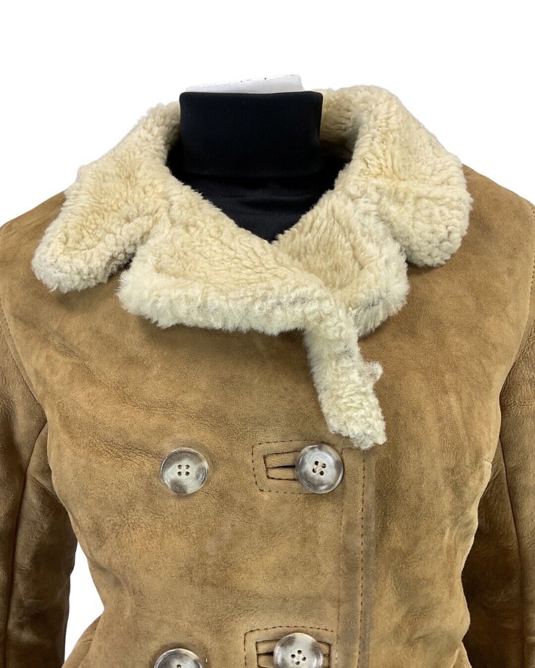 VINTAGE 60s 70s CAMEL BROWN DOUBLE BREASTED SHEEPSKIN SHEARLING COAT 10