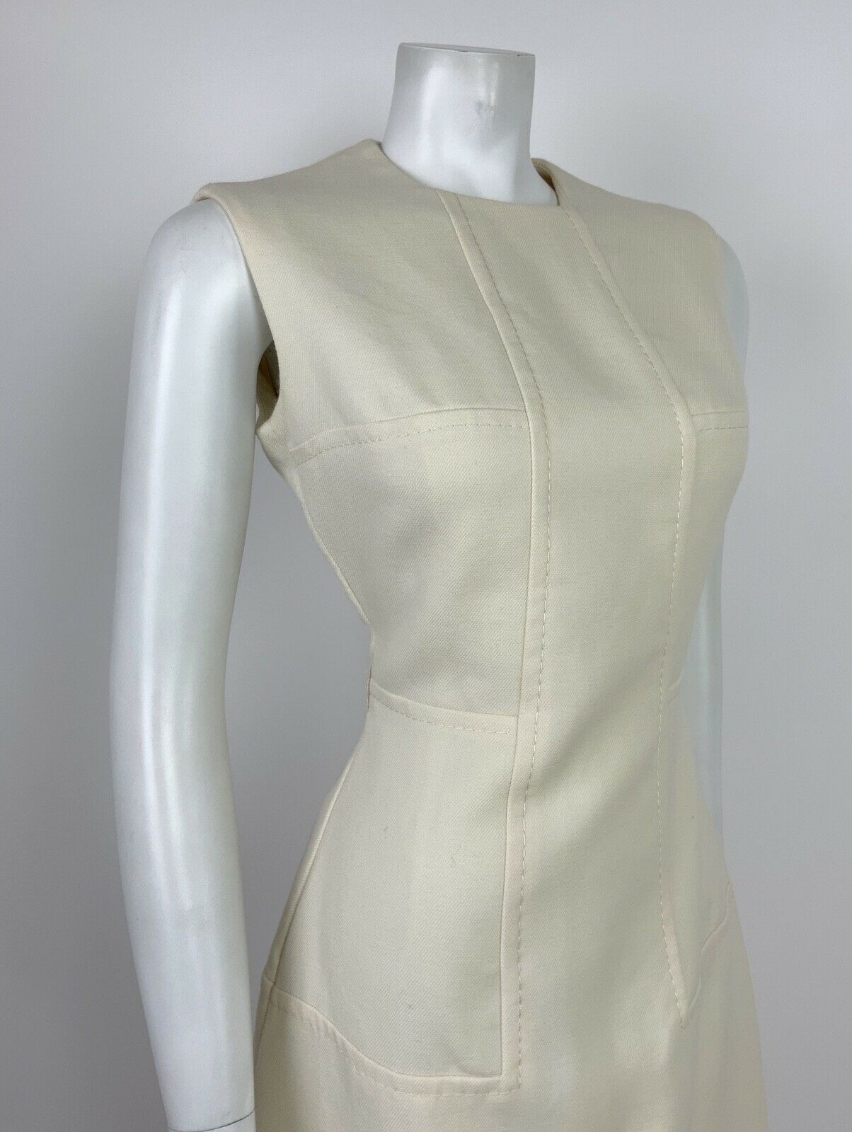 VINTAGE 60s 70s MOD CREAM WOOL SLEEVELESS WIGGLE FITTED DRESS 12