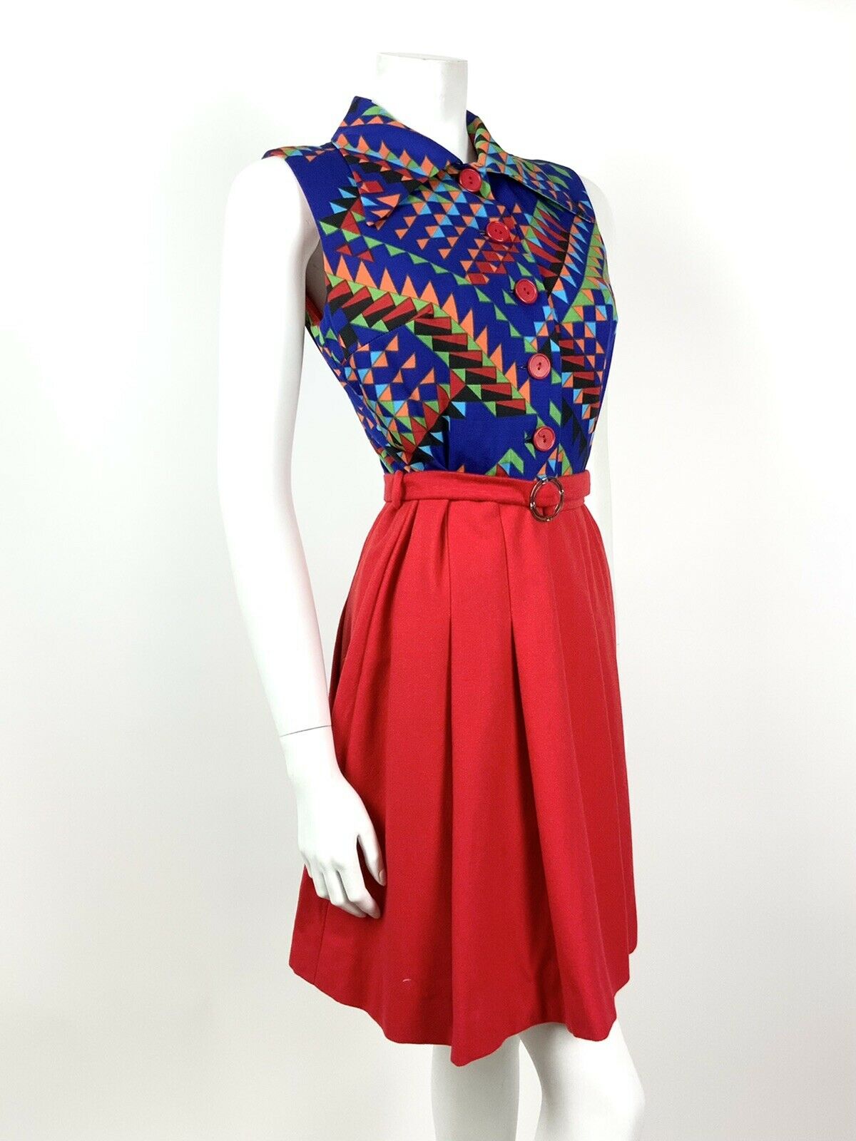 VTG 60s 70s MOD RED BLUE GREEN ORANGE GEOMETRIC BELTED PLEATED DRESS 10 12