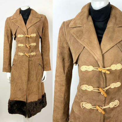 VINTAGE 60s 70s CAMEL BROWN SUEDE LEATHER FAUX FUR TOGGLE PRINCESS COAT 8 10