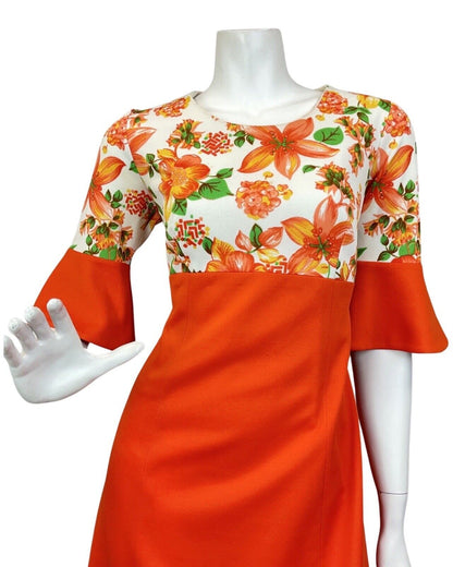 VTG 60s 70s ORANGE GREEN WHITE FLORAL EMPIRE FLOUNCE SLEEVE MOD MAXI DRESS 12