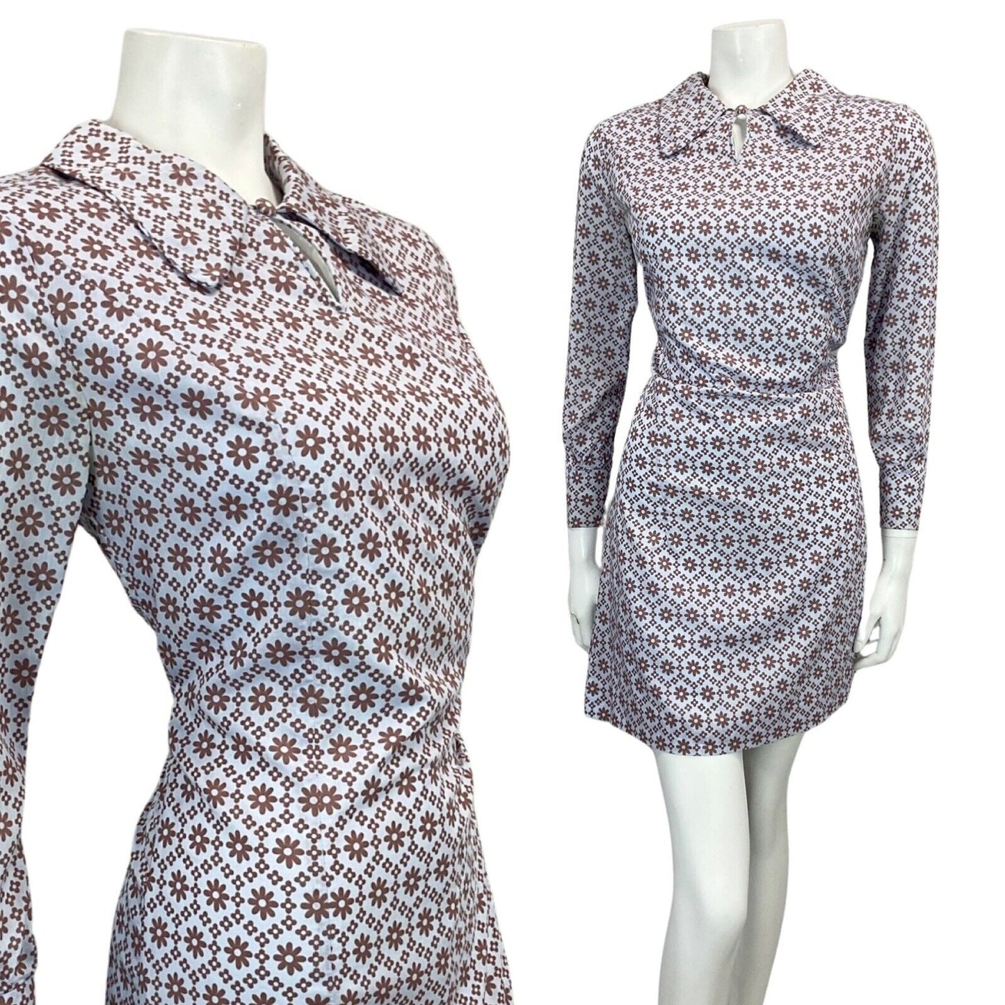 VINTAGE 60s 70s LILAC BROWN FLORAL DAISY PRINT MOD MINI DRESS 10