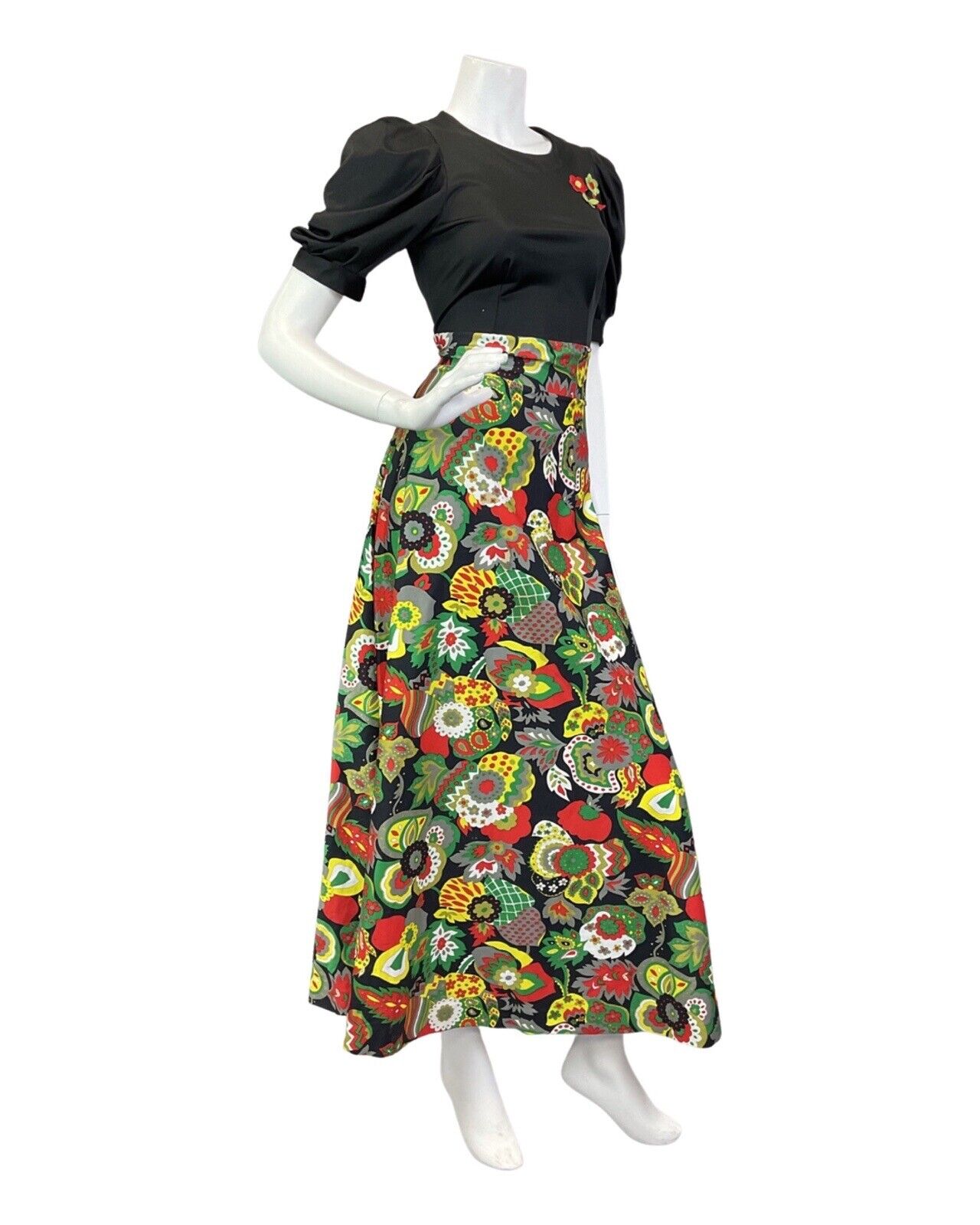 VINTAGE 60s 70s BLACK GREEN YELLOW PSYCHEDELIC FLORAL MANDALA MOD MAXI DRESS 8