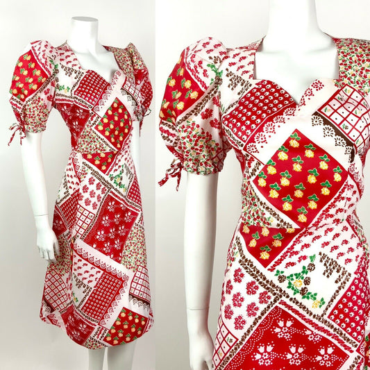 VTG 60s 70s RED WHITE GREEN FLORAL GYPSY PATCHWORK FOLK PUFF SLEEVE DRESS 12 14