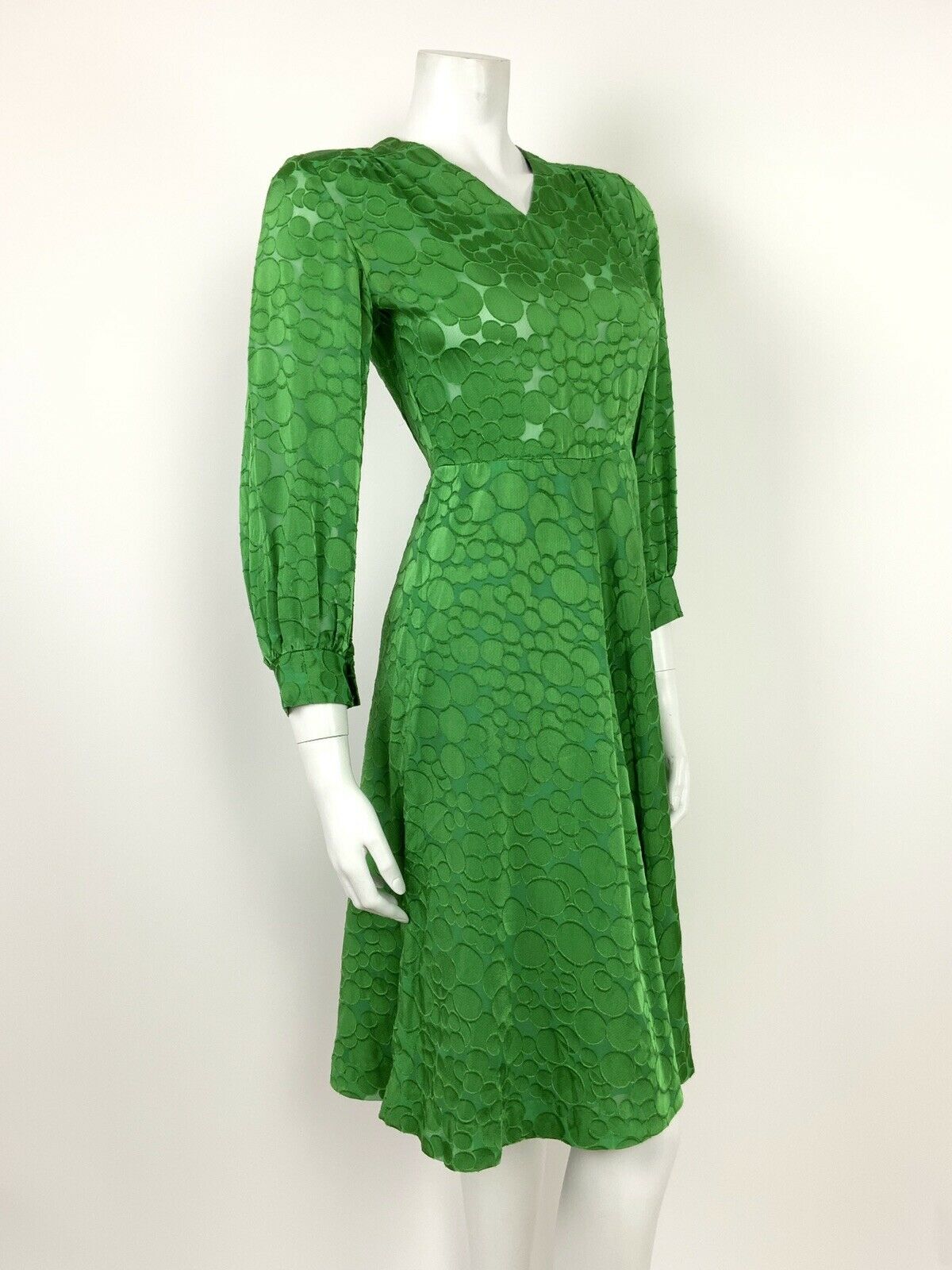 VINTAGE 60s 70s APPLE GREEN GEOMETRIC BUBBLE SHEER SWING DRESS 8 10