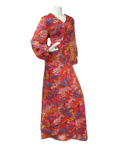 VINTAGE 60s 70s RED PURPLE WHITE DITSY FLORAL PSYCHEDELIC SHEER MAXI DRESS 16 18