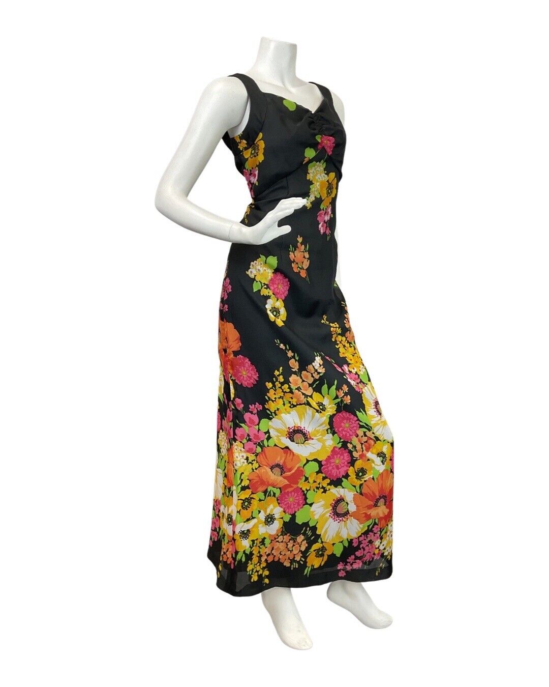 VINTAGE 70s BLACK PINK GREEN FLORAL POPPY SWEETHEART SLEEVELESS MAXI DRESS 10 12