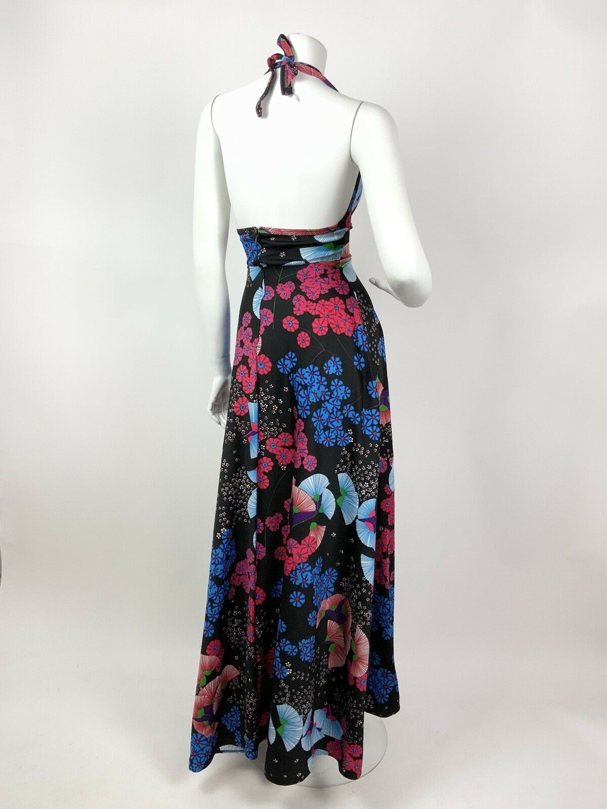 VINTAGE 60s 70s BLACK BLUE PINK JAPANESE FLORAL HALTER SUMMER MAXI DRESS 8 10