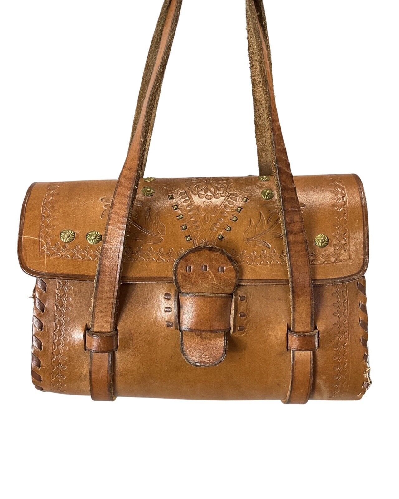 VINTAGE 70s TAN BROWN FLORAL STAMPED LEATHER METALWORK BOHO FOLK BOWLING BAG