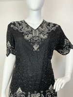 VTG 70s 80s BLACK SILVER SQUIGGLE FLORAL BROCADE PARTY SEQUIN BLOUSE TOP 24 26