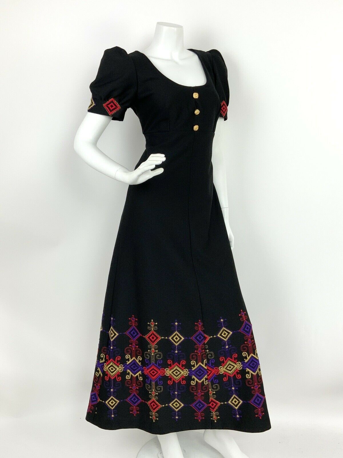 VTG 60s 70s BLACK PURPLE PINK GOLD AZTEC GEOMETRIC PUFF SLEEVE MAXI DRESS 12