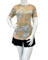 VINTAGE 60s 70s SILVER PURPLE GREEN PSYCHEDELIC PAISLEY MOD LUREX KNIT TOP 14 16