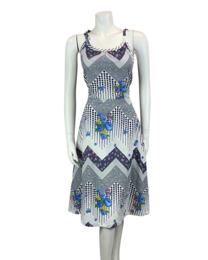 VINTAGE 60s 70s WHITE NAVY BLUE POLKA DOT FLORAL SUMMER  DRESS 12