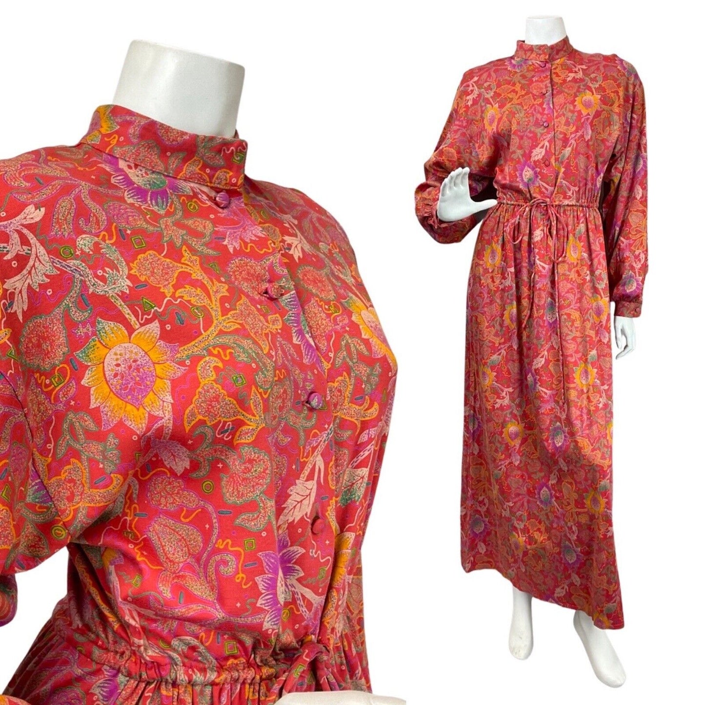 VINTAGE 70s RED PURPLE GREEN FLORAL PAISLEY BOHO LONGSLEEVE MAXI DRESS 10 12