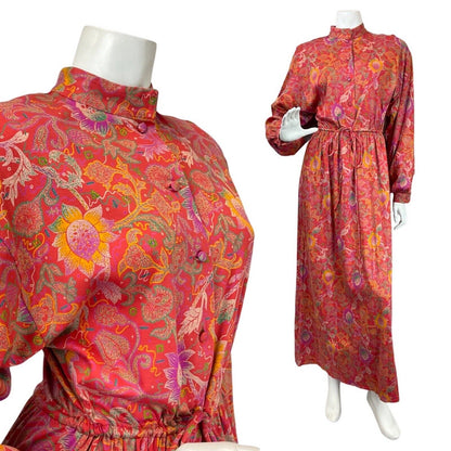 VINTAGE 70s RED PURPLE GREEN FLORAL PAISLEY BOHO LONGSLEEVE MAXI DRESS 10 12