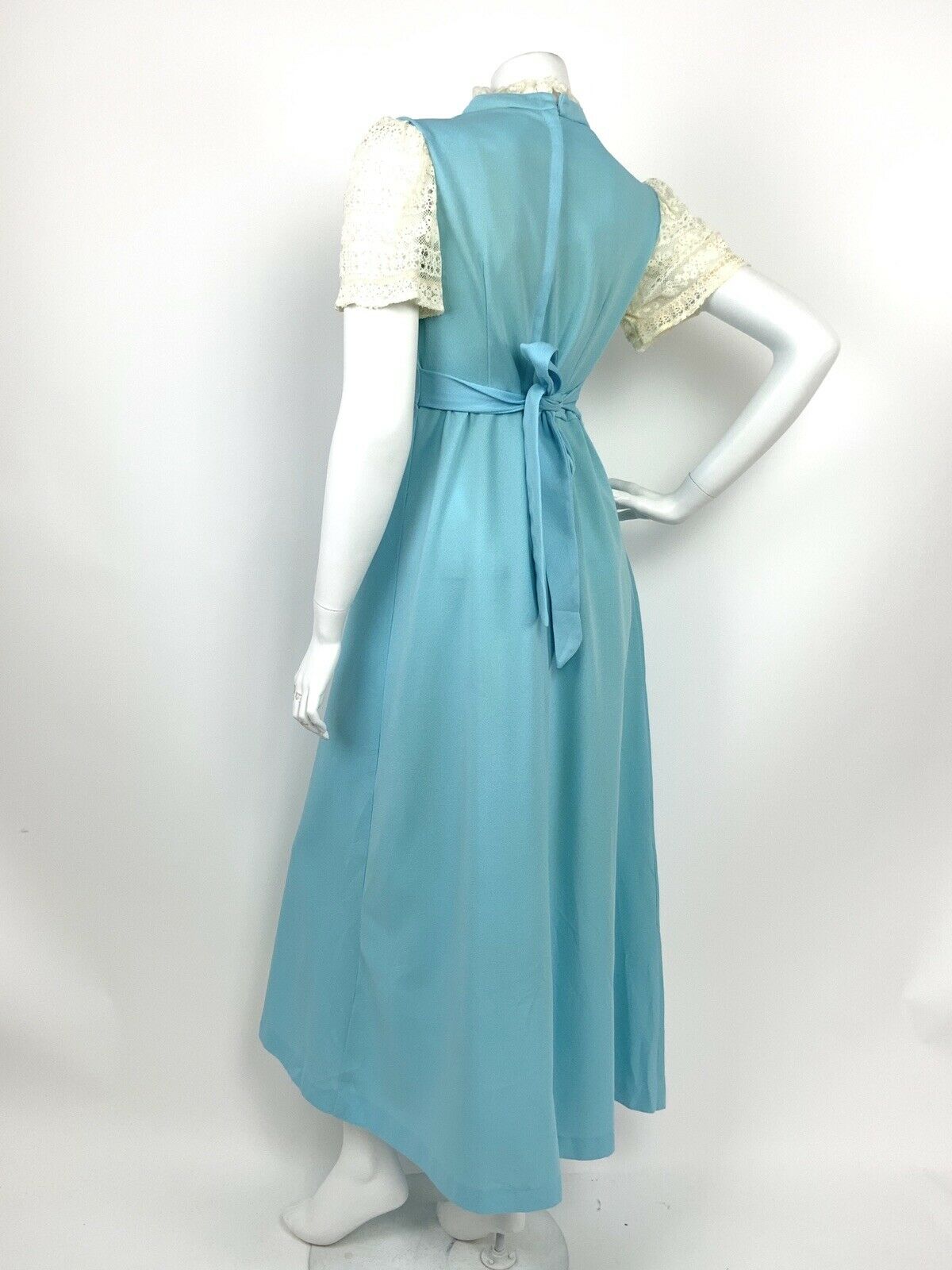 VTG 60s 70s BABY BLUE CREAM LACE PRAIRIE FOLK MAXI DRESS 12