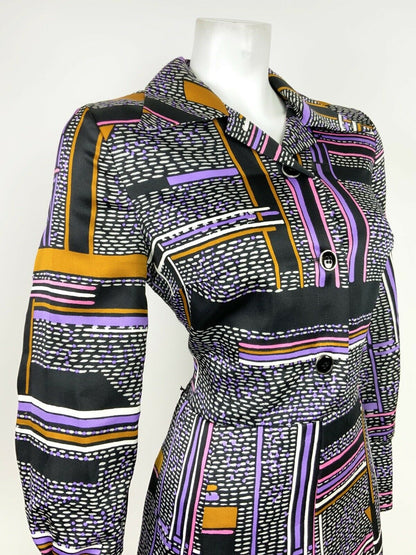 VTG 60s 70s MOD BLACK WHITE PURPLE PINK GOLD GEOMETRIC STRIPED SHIRT DRESS 14 16