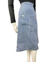 VINTAGE 60s 70s DENIM BLUE WHITE STRIPED DOTTY MIDI A-LINE SKIRT 8