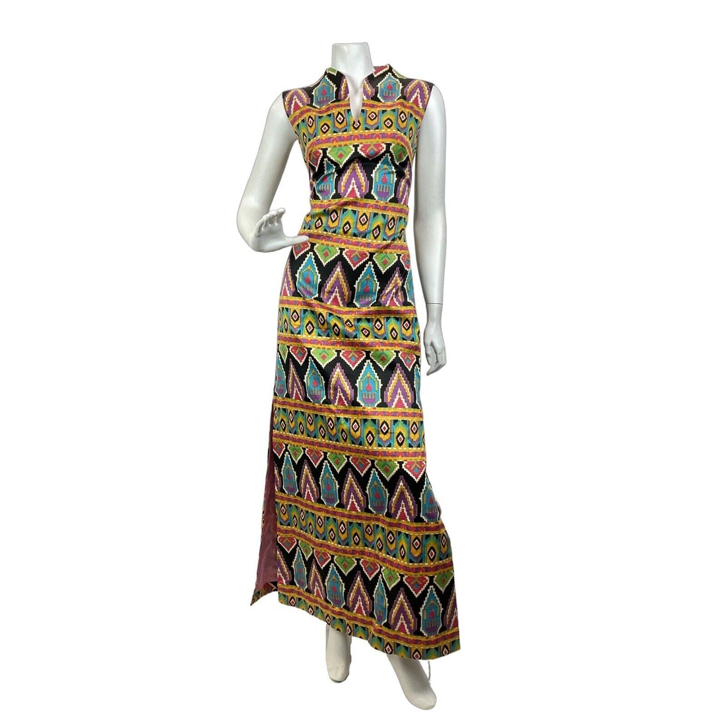 VINTAGE 60s 70s BLACK GOLD GREEN PSYCHEDELIC AZTEC GEOMETRIC MOD MAXI DRESS 10