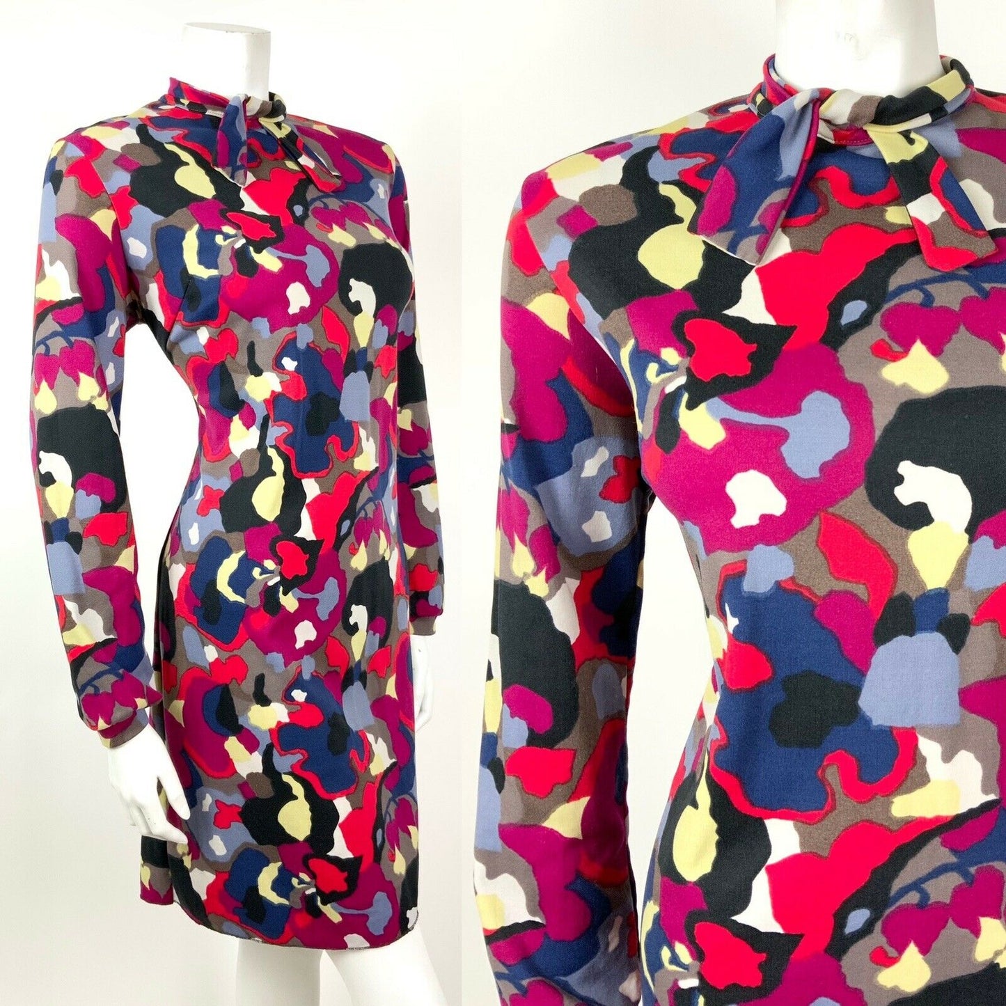 VINTAGE 60s 70s MULTI-COLOUR FLORAL ABSTRACT PSYCHEDELIC BOW DRESS 14 16