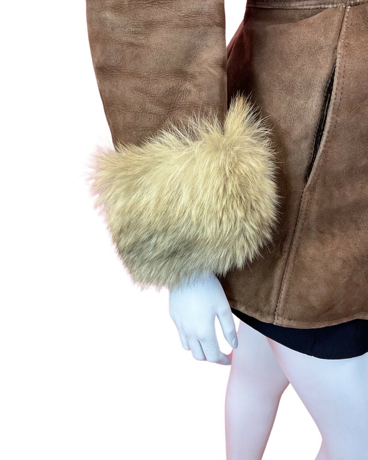 VINTAGE 60s 70s WARM BROWN SUEDE LEATHER FUR COLLAR PENNY SHEARLING COAT 12 14