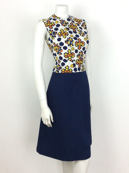 STUNNING VINTAGE 60S NAVY WHITE YELLOW ORANGE GEOMETRIC DRESS 10