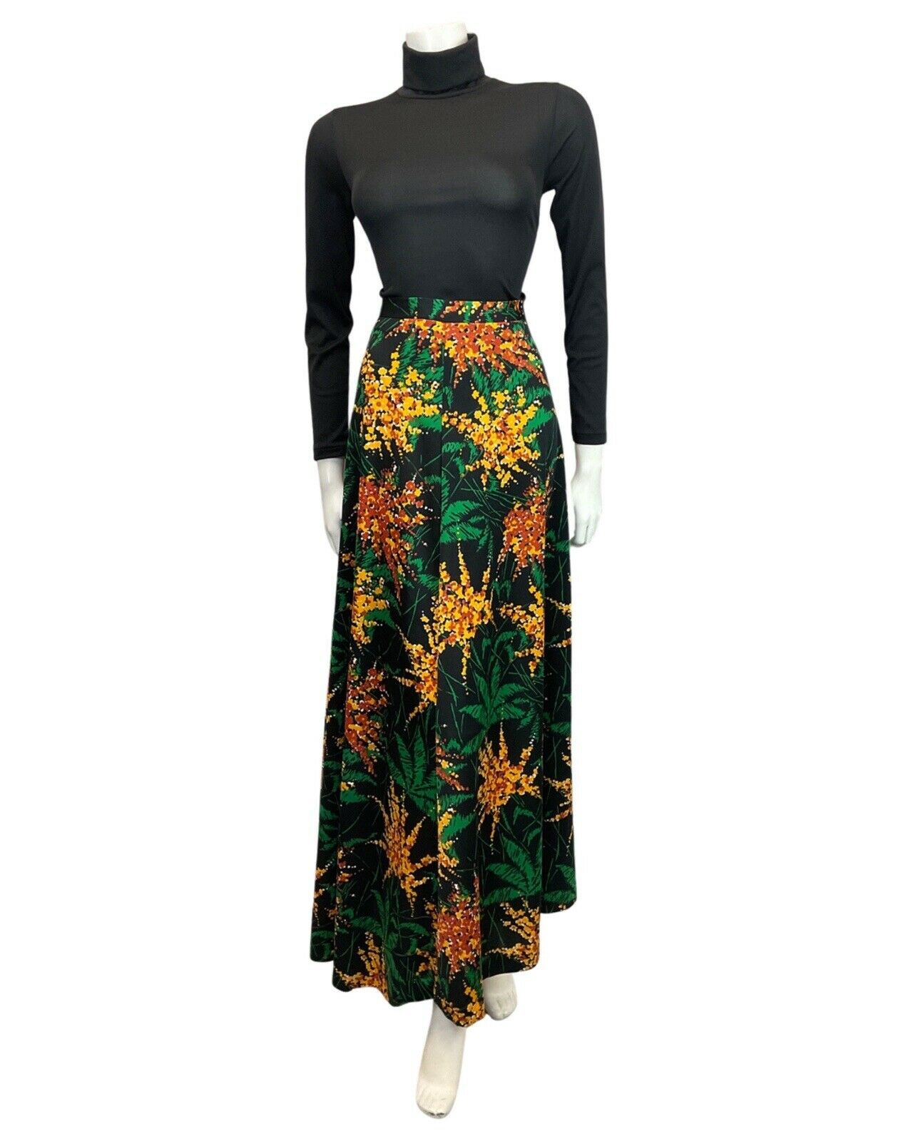 VINTAGE 60s 70s BLACK YELLOW GREEN FLORAL FERN LEAF MOD MAXI SKIRT 8