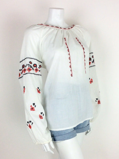 VTG 70s WHITE BLOUSE RED BLACK FLORAL CROSS STITCH HIPPY ETHNIC PEASANT 12 14