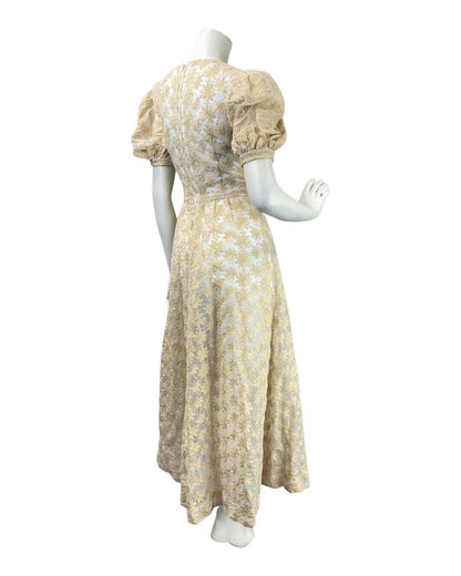 VINTAGE 60s 70s YELLOW WHITE FLORAL EMBROIDERED PUFF SLEEVE BOHO MAXI DRESS 10