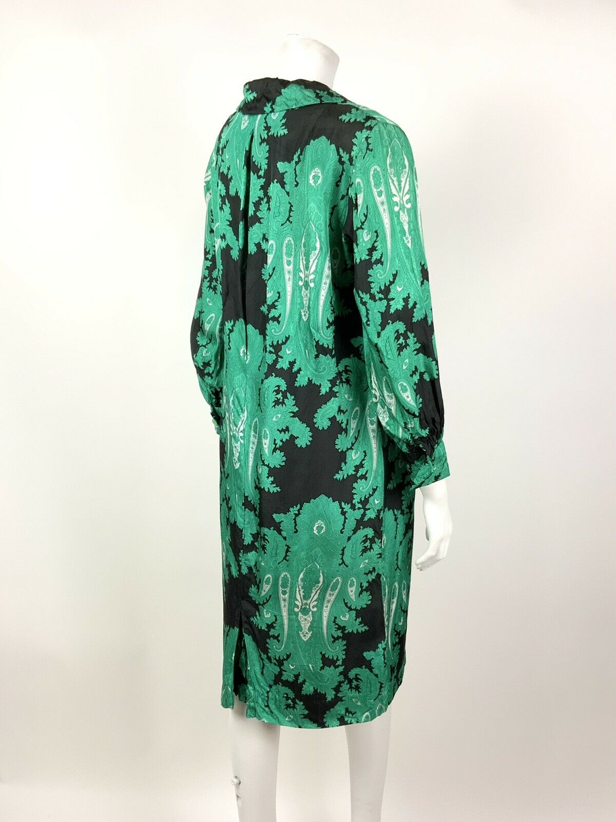 VINTAGE 60s 70s BLACK GREEN WHITE FLORAL PAISLEY PSYCHEDELIC SHIRT DRESS 10 12