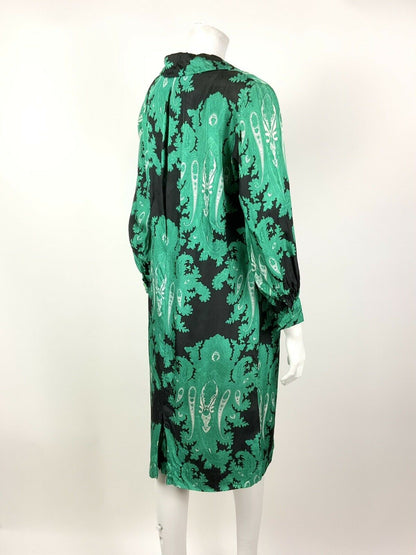 VINTAGE 60s 70s BLACK GREEN WHITE FLORAL PAISLEY PSYCHEDELIC SHIRT DRESS 10 12