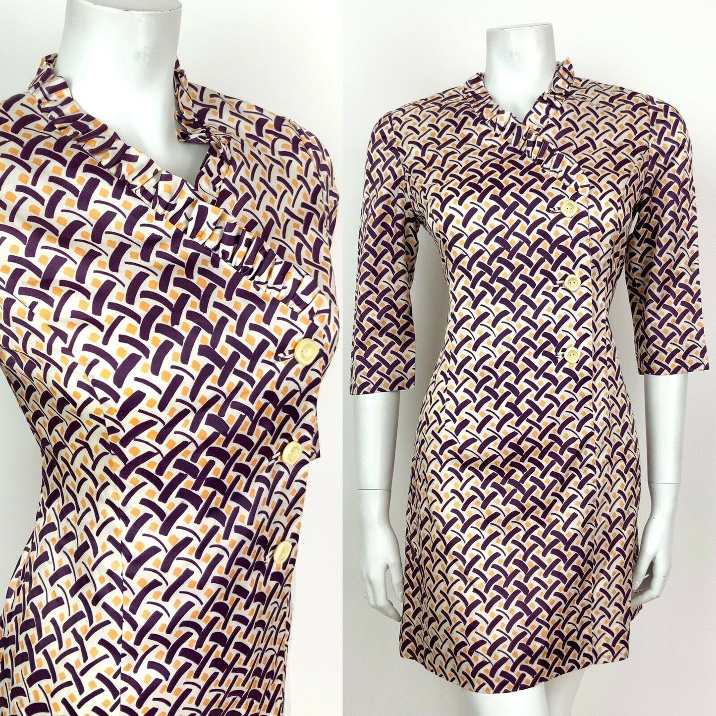 VINTAGE 60s 70s WHITE PURPLE YELLOW GEOMETRIC RUFFLE MOD SHIFT DRESS 8 10