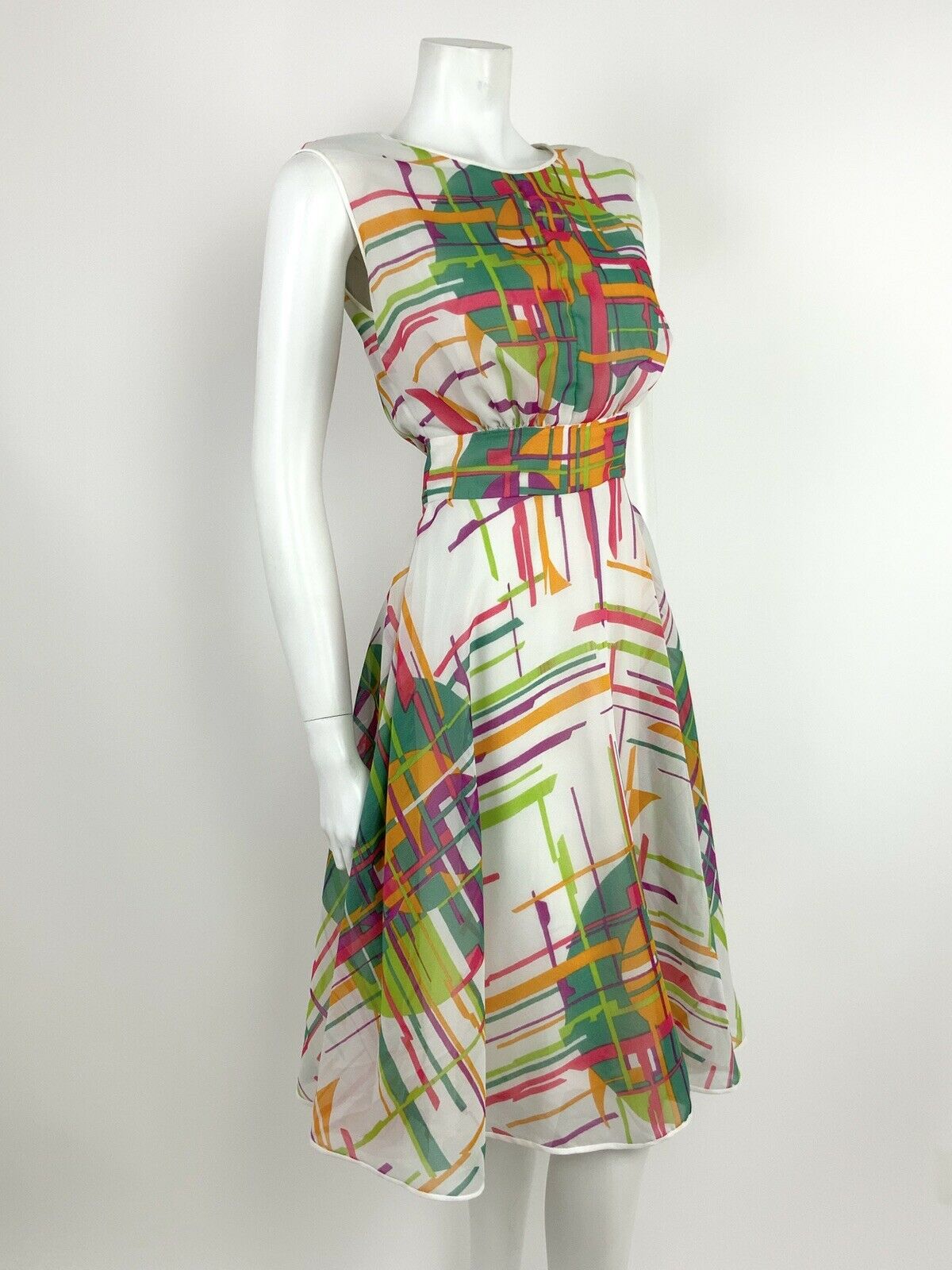 VINTAGE 60s 70s WHITE GREEN PINK ORANGE GEOMETRIC ABSTRACT BLOUSON DRESS 10